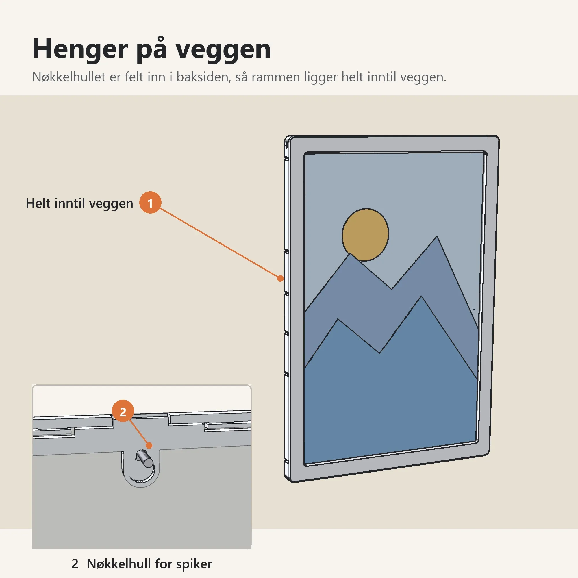 Henger på veggen: nøkkelhull felt inn i baksiden, så rammen ligger helt inntil veggen.