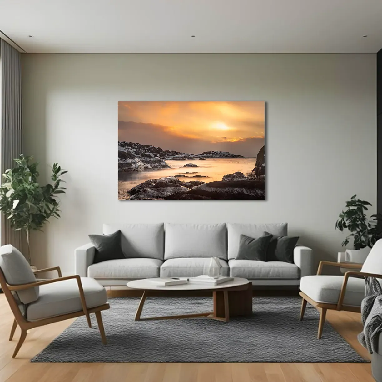 Landskapsbilde på lerret over en sofa